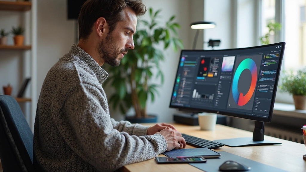 Designer arbeitet an Figma-Projekt auf großem Monitor mit Grafiktablett neben sich
